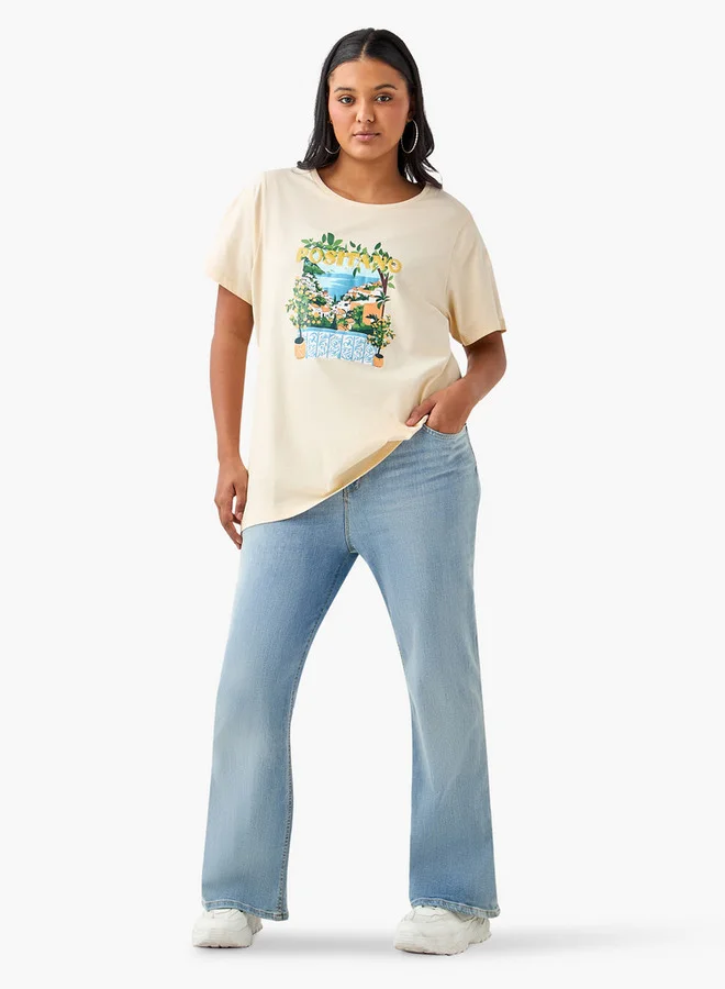 Ulla Popken Plus Size Ulla Popken Landscape Print Round Neck T-shirt with Short Sleeves