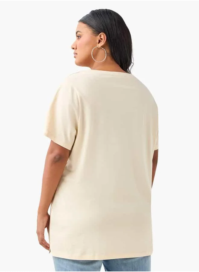  أولا بوبكن Plus Size Ulla Popken Landscape Print Round Neck T-shirt with Short Sleeves