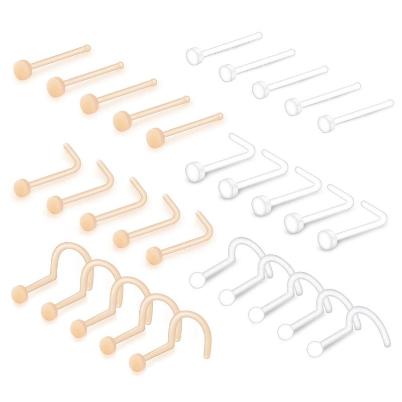 QWALIT Clear Nose Rings Studs L Shape Piercing Retainer Flexible Nose Bone Flesh Skin Color Nostril Piercing Retainer for Work 18g 20g Flat Top - Image 1
