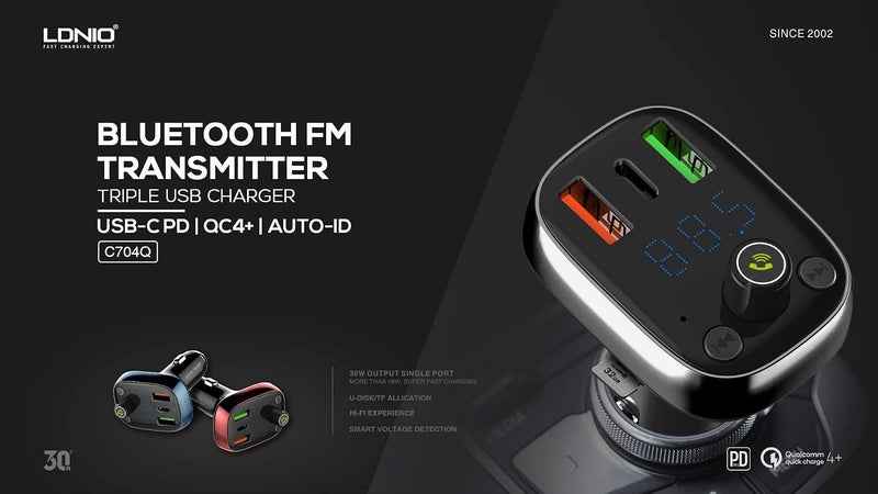 LDNIO C704Q Universal Bluetooth FM transmitter and car charger PD/QC4 + USB Type-C cable - Image 3
