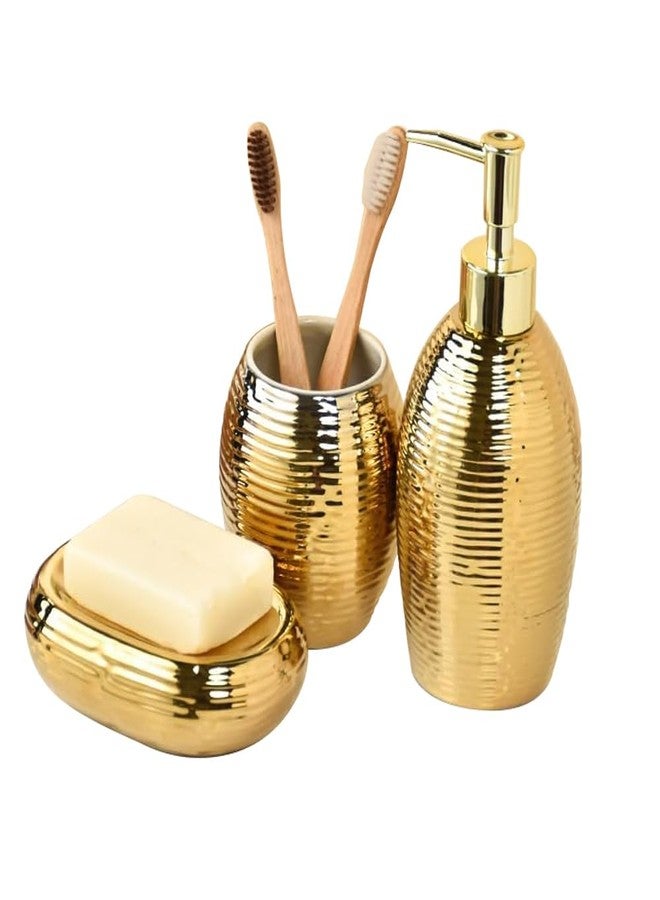 Satu Brown Gold Bathroom Accessory Set - 3 Piece Striped Style Decorative Ceramic Bathroom Accessories Sets with Lotion Soap Dispenser, Toothbrush Holder/Tumbler and Soap Dish, Golden Gift Set for New Home Decor - Image 1