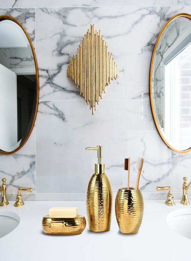 Satu Brown Gold Bathroom Accessory Set - 3 Piece Striped Style Decorative Ceramic Bathroom Accessories Sets with Lotion Soap Dispenser, Toothbrush Holder/Tumbler and Soap Dish, Golden Gift Set for New Home Decor - Image 3