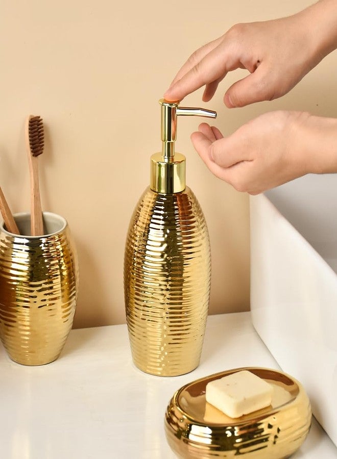 Satu Brown Gold Bathroom Accessory Set - 3 Piece Striped Style Decorative Ceramic Bathroom Accessories Sets with Lotion Soap Dispenser, Toothbrush Holder/Tumbler and Soap Dish, Golden Gift Set for New Home Decor - Image 5
