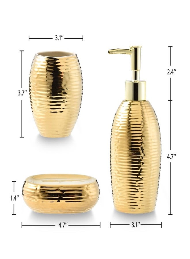 Satu Brown Gold Bathroom Accessory Set - 3 Piece Striped Style Decorative Ceramic Bathroom Accessories Sets with Lotion Soap Dispenser, Toothbrush Holder/Tumbler and Soap Dish, Golden Gift Set for New Home Decor - Image 2