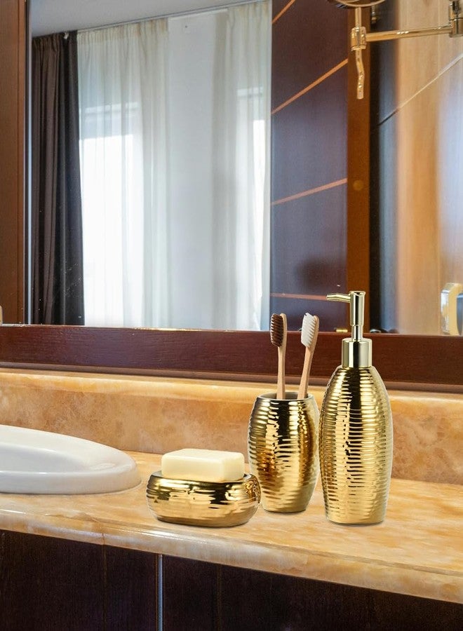 Satu Brown Gold Bathroom Accessory Set - 3 Piece Striped Style Decorative Ceramic Bathroom Accessories Sets with Lotion Soap Dispenser, Toothbrush Holder/Tumbler and Soap Dish, Golden Gift Set for New Home Decor - Image 4