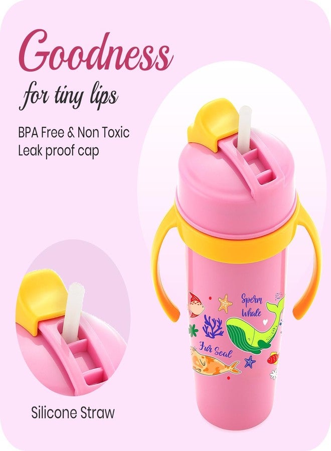 Zerya Stainless Steel Double Walled 360ml BPA-Free Sippy Cup Anti-Spill Soft Silicone Spout Baby Sipper Water Bottle with Straw and Side Handle for Kids (Snozzy - Pink) - Image 2