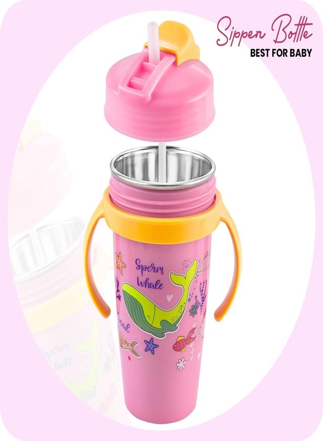 Zerya Stainless Steel Double Walled 360ml BPA-Free Sippy Cup Anti-Spill Soft Silicone Spout Baby Sipper Water Bottle with Straw and Side Handle for Kids (Snozzy - Pink) - Image 4