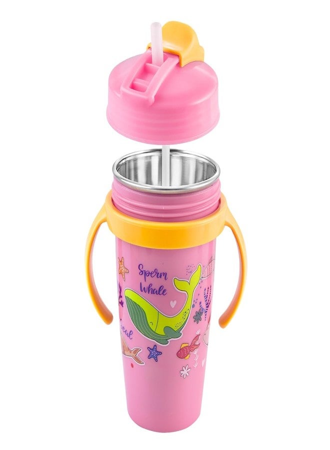 Zerya Stainless Steel Double Walled 360ml BPA-Free Sippy Cup Anti-Spill Soft Silicone Spout Baby Sipper Water Bottle with Straw and Side Handle for Kids (Snozzy - Pink) - Image 1