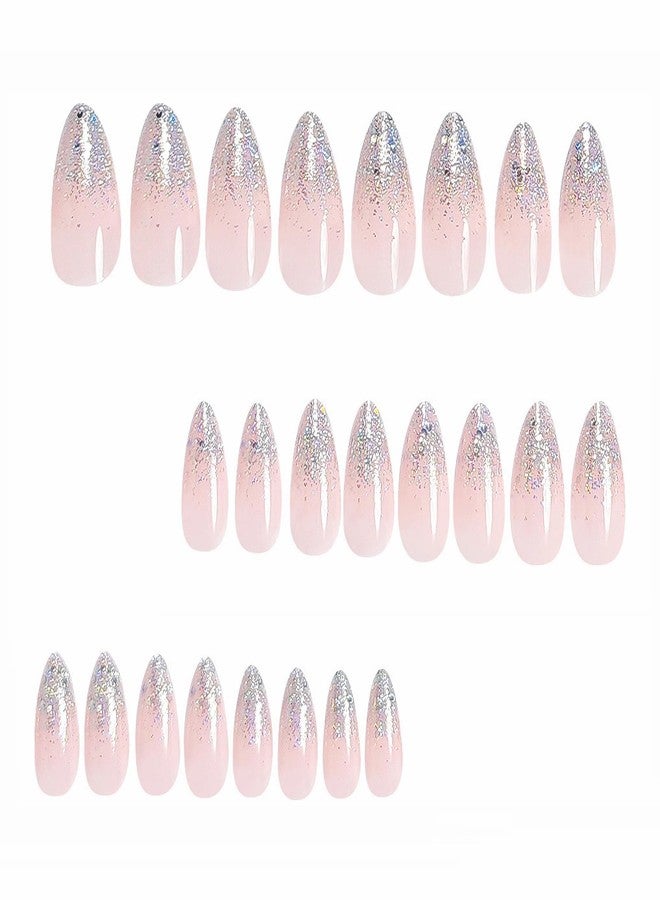 MISUD Press on Nails Medium Almond Fake Nails Glossy Glue on Nails Nude Pink Acrylic Nail Supplies Stiletto Artificial Nail Art Bling Glitter Stick on False Nails with Design DIY 24 pcs - Image 3