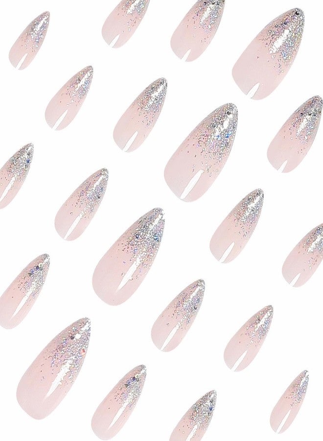 MISUD Press on Nails Medium Almond Fake Nails Glossy Glue on Nails Nude Pink Acrylic Nail Supplies Stiletto Artificial Nail Art Bling Glitter Stick on False Nails with Design DIY 24 pcs - Image 4