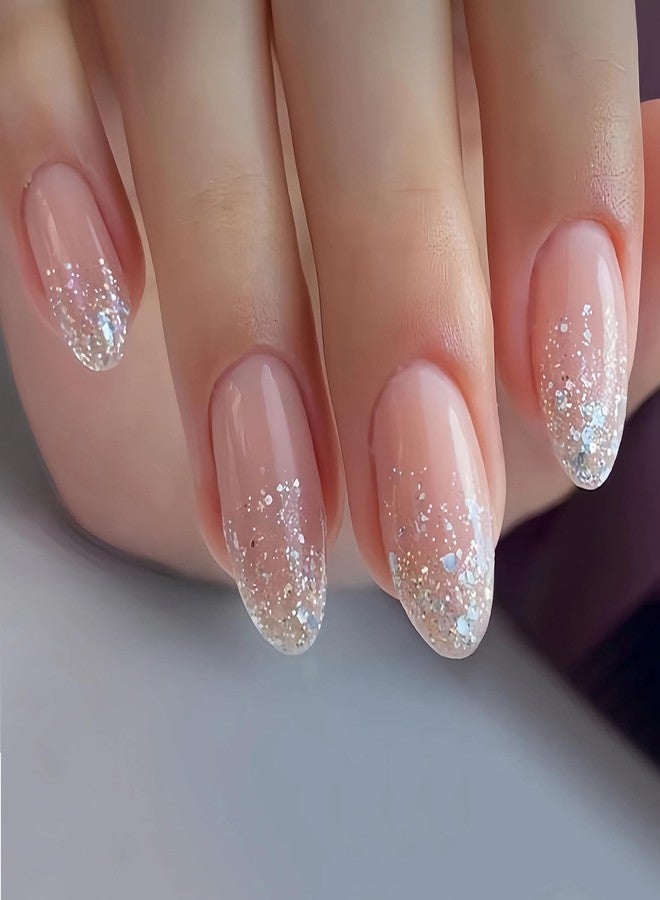 MISUD Press on Nails Medium Almond Fake Nails Glossy Glue on Nails Nude Pink Acrylic Nail Supplies Stiletto Artificial Nail Art Bling Glitter Stick on False Nails with Design DIY 24 pcs - Image 1