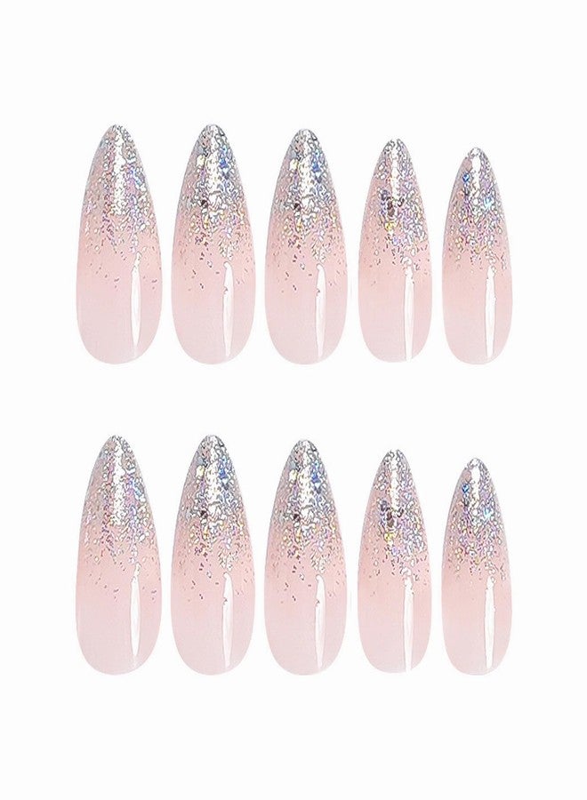 MISUD Press on Nails Medium Almond Fake Nails Glossy Glue on Nails Nude Pink Acrylic Nail Supplies Stiletto Artificial Nail Art Bling Glitter Stick on False Nails with Design DIY 24 pcs - Image 2