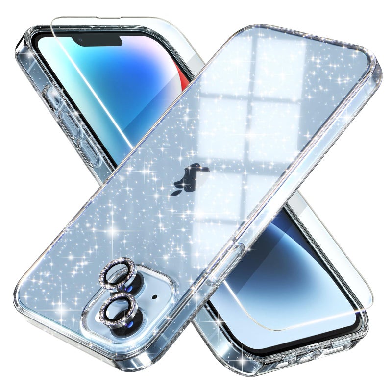Choiche Compatible for iPhone 14 Plus Case Women Phone Case, Cute Bling Sparkly, Military Grade Drop Protection, 2 Diamond Camera Lens Covers, 2 Tempered Glass Protectors, 6.7 inch (Glitter Clear) - Image 1