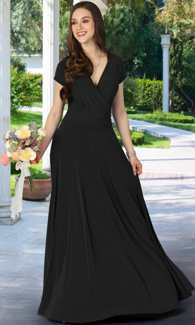 KOH KOH Plus Size Women’s Long Cap Short Sleeve Flowy Cocktail Semi Formal Prom Gala Black Tie Bridesmaid Wedding Guest Work Dressy Tall Gown Gowns Maxi Dress Dresses, Black 2XL 18-20 - Image 2