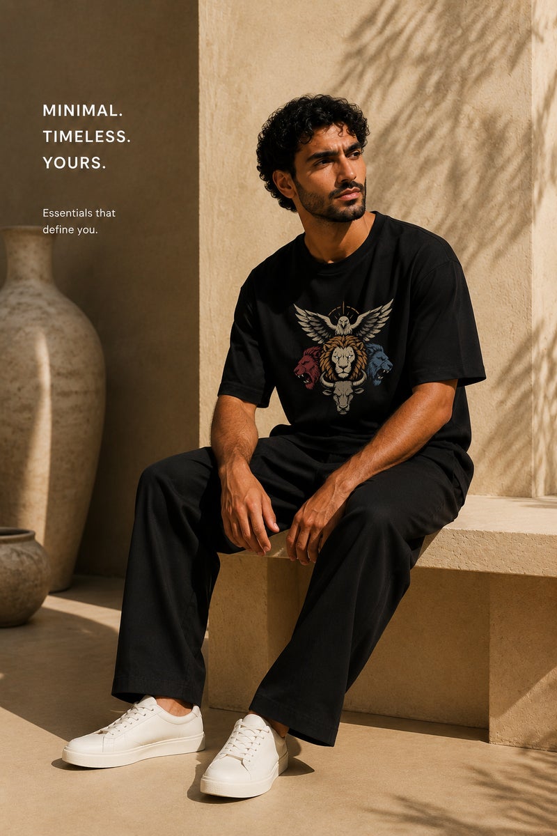 تي شيرت رجالي أسود بقصة واسعة وطبعة حيوانات جريئة بتصميم عصري وأكمام قصيرة وياقة دائرية - Image 4