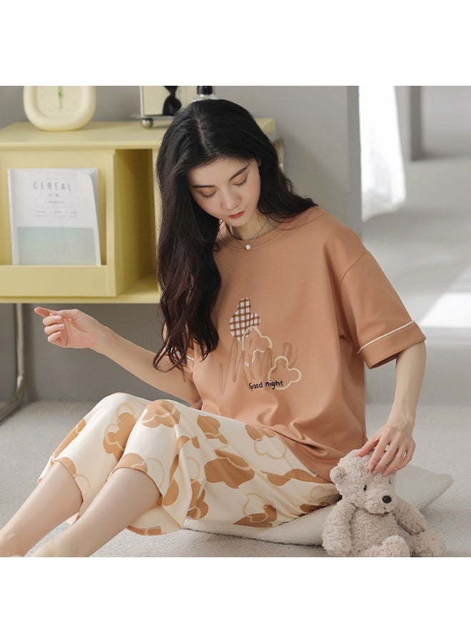 Women's Sweetpullovercasual Pajama Set Lightweight Summer Season Chest Pad Short Sleeves Seven Pants Thin Material - Image 1
