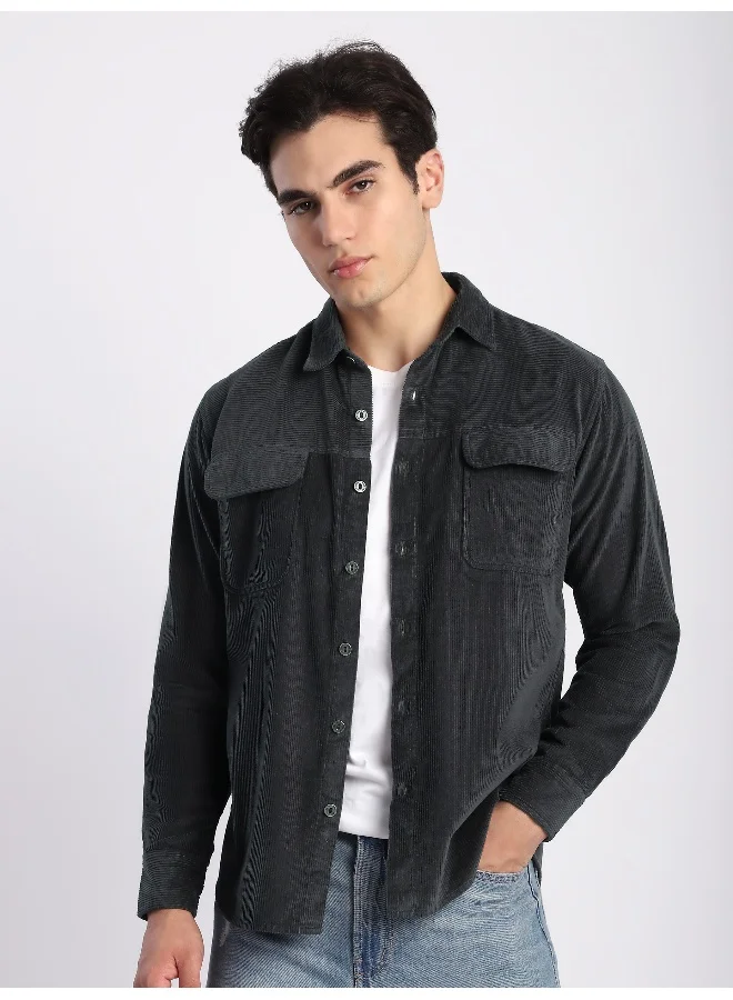 Beyoung Dark Grey Flap Pocket Corduroy Shirt