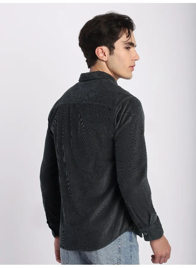 Beyoung Dark Grey Flap Pocket Corduroy Shirt