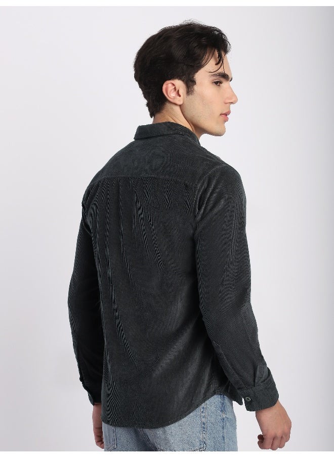 Beyoung Dark Grey Flap Pocket Corduroy Shirt  - Image 5