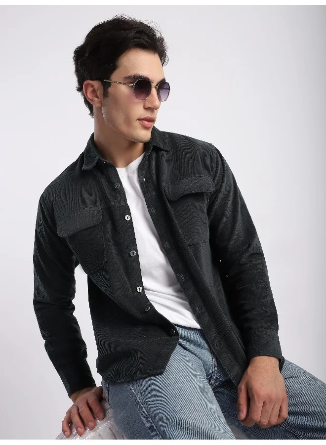 Beyoung Dark Grey Flap Pocket Corduroy Shirt