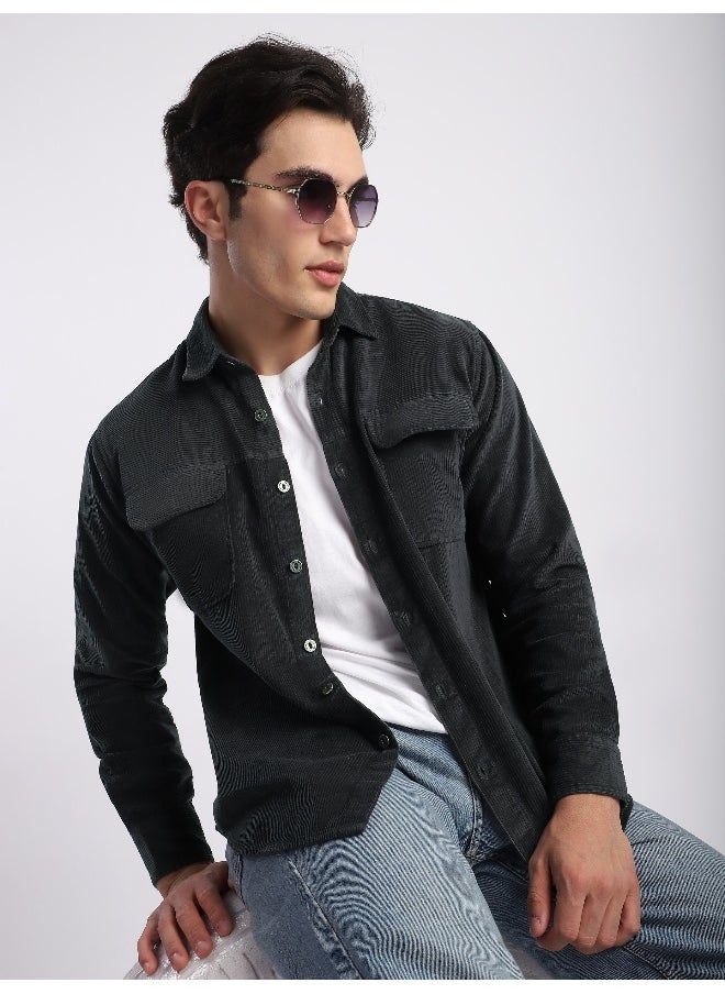 Beyoung Dark Grey Flap Pocket Corduroy Shirt  - Image 4