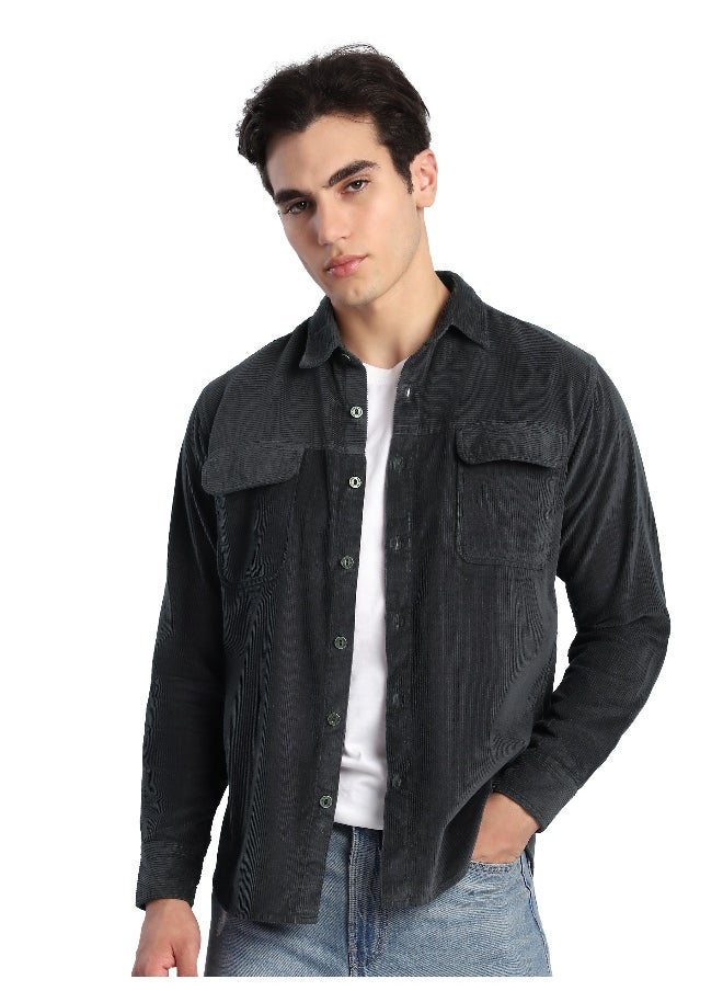Beyoung Dark Grey Flap Pocket Corduroy Shirt  - Image 1
