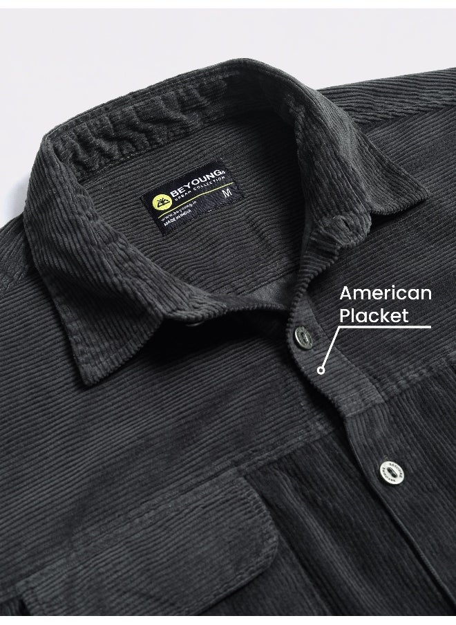 Beyoung Dark Grey Flap Pocket Corduroy Shirt  - Image 2