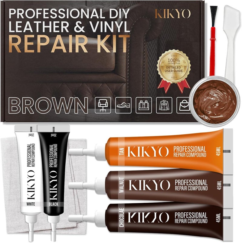 KIKYO Brown Leather Repair Kit, Faux Leather Chair & Couch Repair Kit for Furniture, Sofa, Purse, Belt, Super Easy Match Colors and Fix Scratches, Tears, Fade, Holes on PU, Genuine & Pleather All need matching options - Image 1