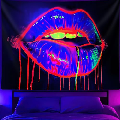 TUGCAY Lips Black Light Tapestry, Blacklight Tapestry UV Reactive Lip Flowing with Liquid Tapestries Wall Hanging for Bedroom Dorm Decor(51.2 x 59.1 Inches) - Image 1