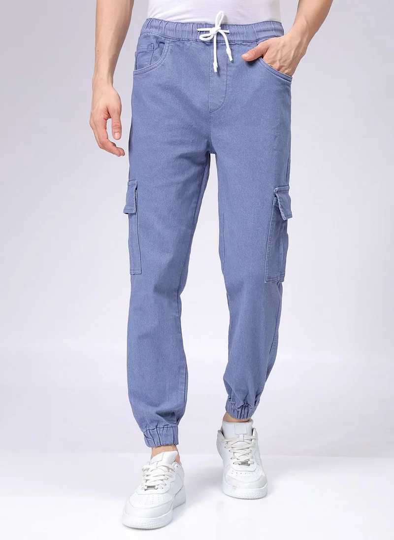 Men Regular Fit Overdyed Mid-Rise Stretchable Denim Cargo Joggers