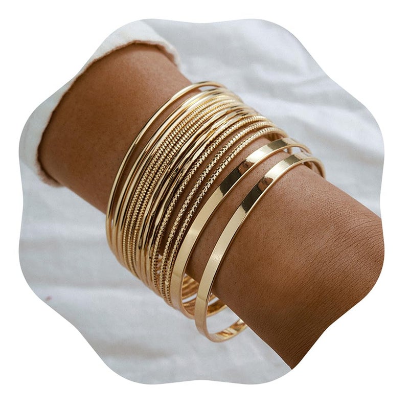 Xerling 14Pcs Golden Boho Indian Multi Bangle Bracelet Set Punk Chunky Stackable Textured Bracelets for Women Layered Cable Smooth Bracelets - Image 1