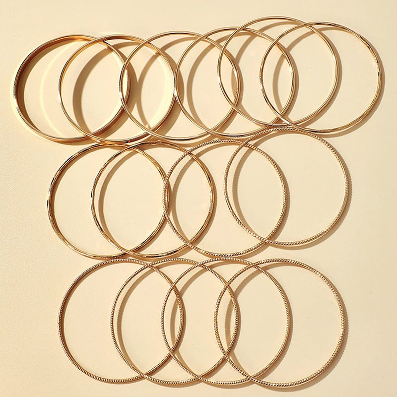 Xerling 14Pcs Golden Boho Indian Multi Bangle Bracelet Set Punk Chunky Stackable Textured Bracelets for Women Layered Cable Smooth Bracelets - Image 5