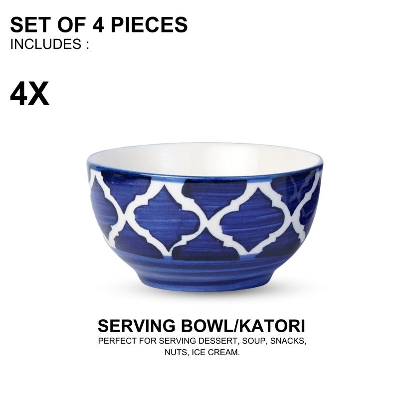 Freakway Hand-Painted Umrao Glossy Ceramic Bowl Set of 4 (150ml) | Small Serving Soup Bowls, Cereal Bowl, Pasta Bowls | Dishwasher & Microwave Safe - Blue - Image 3