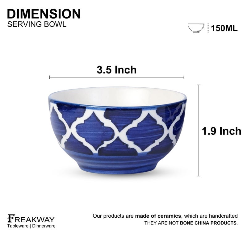 Freakway Hand-Painted Umrao Glossy Ceramic Bowl Set of 4 (150ml) | Small Serving Soup Bowls, Cereal Bowl, Pasta Bowls | Dishwasher & Microwave Safe - Blue - Image 2