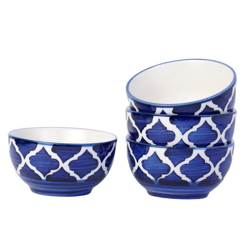 Freakway Hand-Painted Umrao Glossy Ceramic Bowl Set of 4 (150ml) | Small Serving Soup Bowls, Cereal Bowl, Pasta Bowls | Dishwasher & Microwave Safe - Blue - Image 1