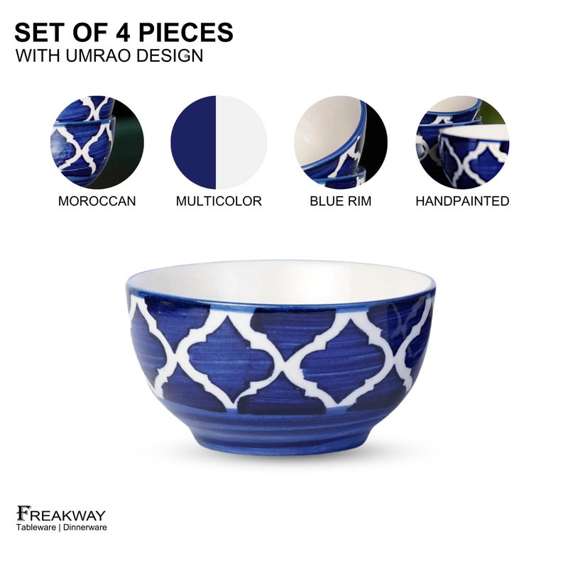 Freakway Hand-Painted Umrao Glossy Ceramic Bowl Set of 4 (150ml) | Small Serving Soup Bowls, Cereal Bowl, Pasta Bowls | Dishwasher & Microwave Safe - Blue - Image 4
