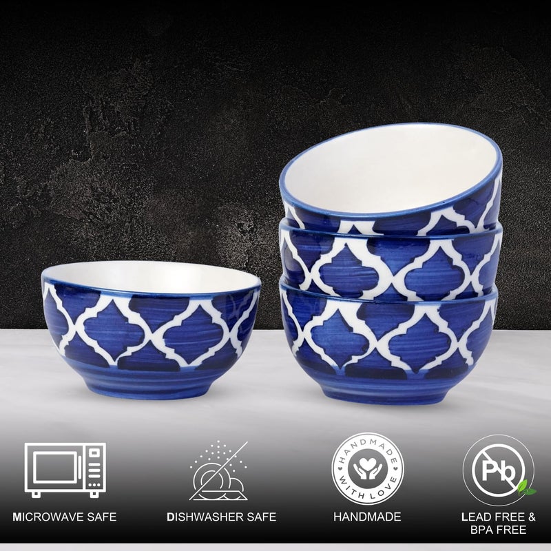 Freakway Hand-Painted Umrao Glossy Ceramic Bowl Set of 4 (150ml) | Small Serving Soup Bowls, Cereal Bowl, Pasta Bowls | Dishwasher & Microwave Safe - Blue - Image 5