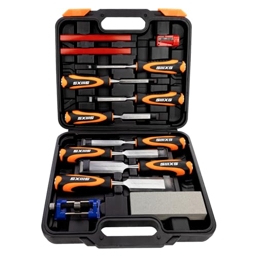 SIIIXS 13pcs Professional Wood Chisel Set, 8pcs Woodworking Chisel Set with 1pcs Honing Guide, 1pcs Sharpening Stone and 2pcs Carpenter Pencils - Image 1
