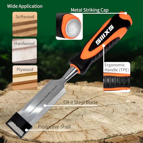 SIIIXS 13pcs Professional Wood Chisel Set, 8pcs Woodworking Chisel Set with 1pcs Honing Guide, 1pcs Sharpening Stone and 2pcs Carpenter Pencils - Image 3