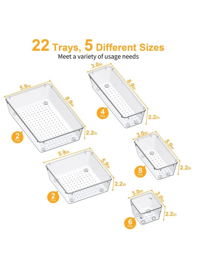 SMARTAKE منظم أدراج SMARTAKE مكون من 22 قطعة مع وسادات سيليكون غير قابلة للانزلاق، 5 أحجام من صناديق تنظيم الأدراج الشفافة لتخزين المكياج، المجوهرات، الأدوات في خزانة النوم، المكتب والمطبخ، شفاف - Image 3