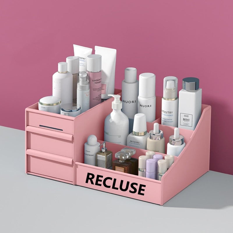 RECLUSE Pink Vanity Makeup Organizer, Desk Organizer with Multi-layer Drawers, Multifunctional Cosmetic Box, Eyeshadow Palettes & Beauty Supplies Ideal Organizer for Bedroom,Bathroom Countertops - Image 1