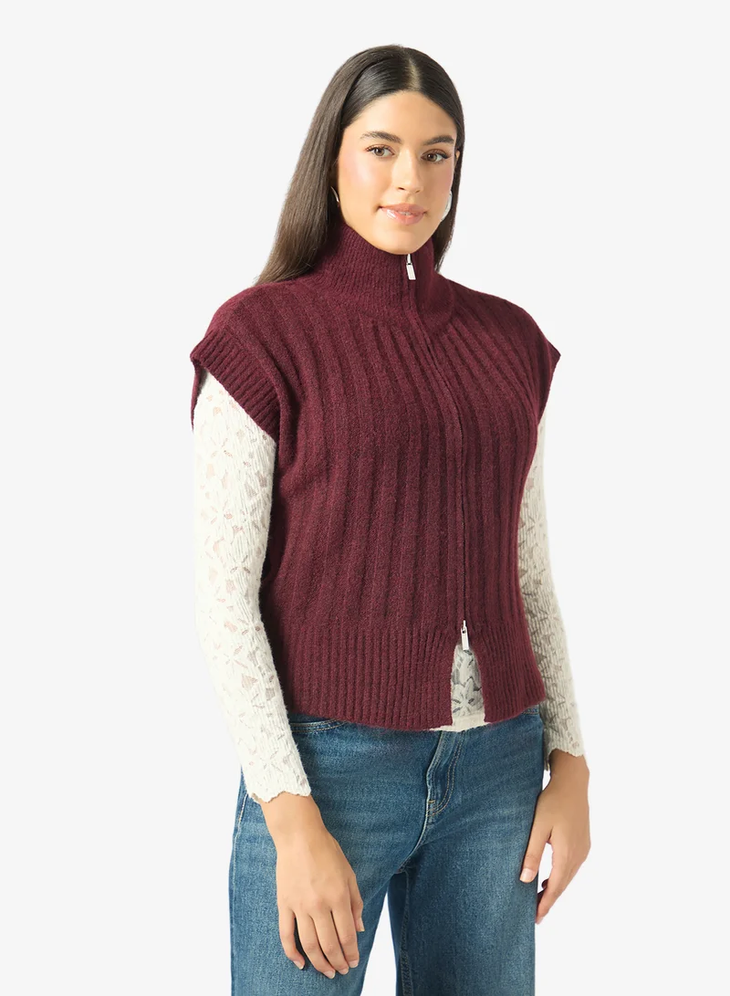 Vero Moda Ribbed Sleeveless High Neck Zipper Vest