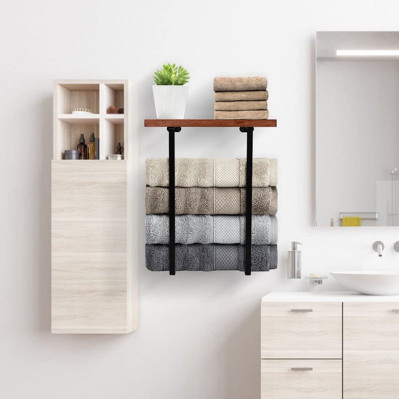 DAZUINIAO Towel Racks for Bathroom Wall Mounted with Wooden Shelf Bath Towel Holder for Rolled Towels Metal Towel Storage Organizer for Small Bathroom Decor or RV Camper Black - Image 4