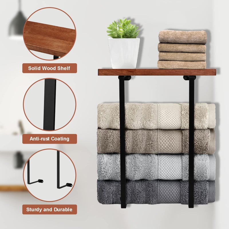 DAZUINIAO Towel Racks for Bathroom Wall Mounted with Wooden Shelf Bath Towel Holder for Rolled Towels Metal Towel Storage Organizer for Small Bathroom Decor or RV Camper Black - Image 2