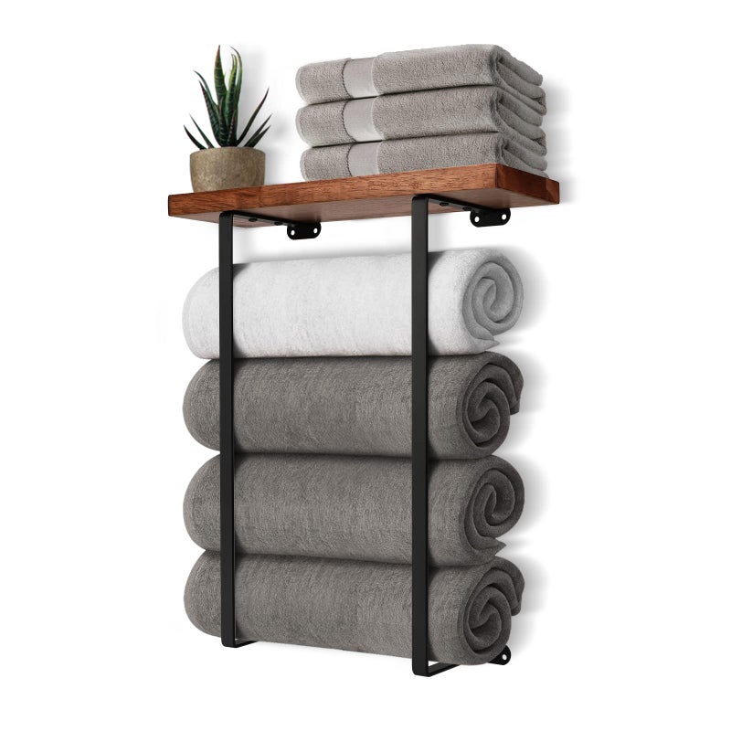 DAZUINIAO Towel Racks for Bathroom Wall Mounted with Wooden Shelf Bath Towel Holder for Rolled Towels Metal Towel Storage Organizer for Small Bathroom Decor or RV Camper Black - Image 1
