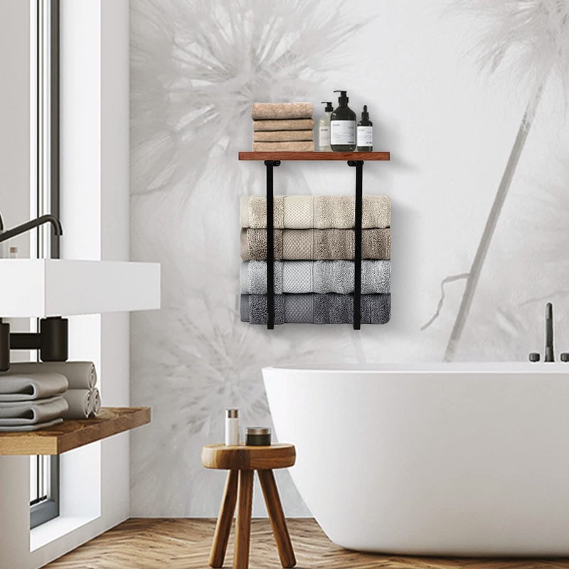 DAZUINIAO Towel Racks for Bathroom Wall Mounted with Wooden Shelf Bath Towel Holder for Rolled Towels Metal Towel Storage Organizer for Small Bathroom Decor or RV Camper Black - Image 5
