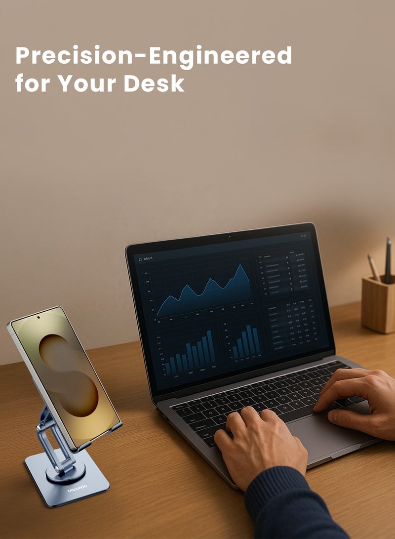Moxedo Axira Mobile Phone Stand 360° Rotatable Height Adjustable Foldable Metal Mobile Stand for Desk Compatible with Devices 5.8” to 7.1” - Image 2