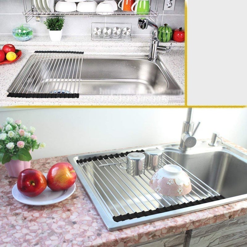 CPEX Foldable Drain Rack Kitchen Sink Shelf Stainless Steel Multifunction Roll Up Dish Drying Rack Folding Wash Drainer TrayLarge 47 X 24cm - Image 4