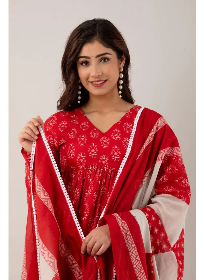 ZERESOUQ Red & White Kalidar Kurta Set with Dupatta