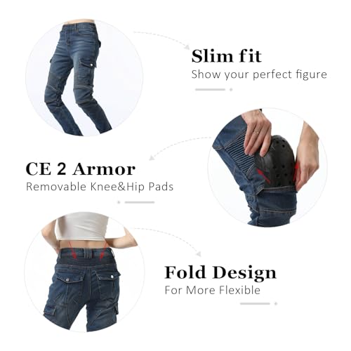 LOMENG Motorcycle Riding Pants Motorcycle Jeans Slim Fit with CE Knee Hip Removable Protectors Armor for Women Blue M 30 - Image 3